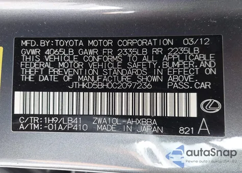 2012 Lexus Ct 200H Premium из США, поврежденный, VIN JTHKD5BH0C2097236